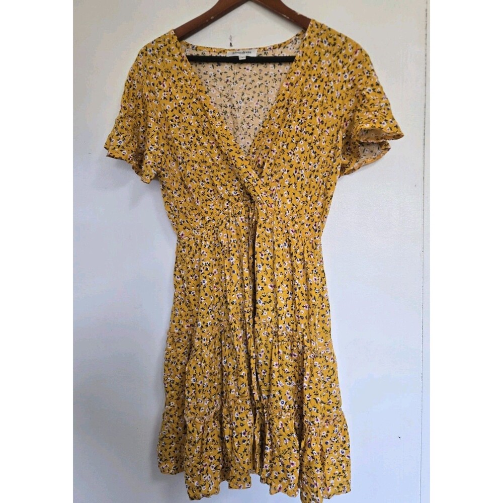 Manydress Dress Womens L Yellow Floral V-Neck Boho Cottage Granola Babydoll